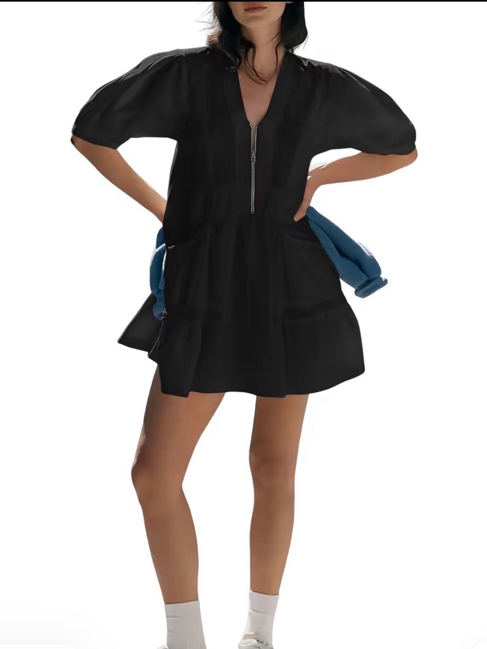 Fisoew Black Mini Dress with Gold-Tone Zipper and mesh cutouts